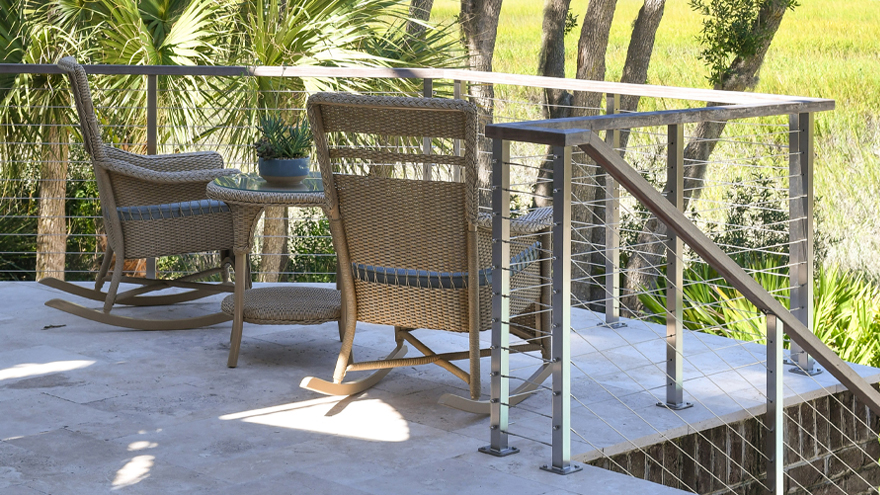 Top mount patio railing system and stair handrail for a South Carolina luxury custom home by Esposito Construction Inc.
